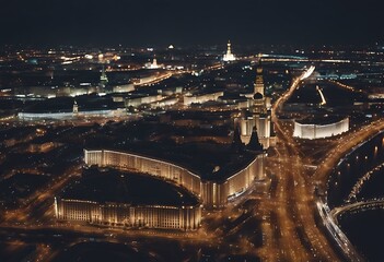 Wall Mural - Moscow night Aerial view City Map Plane Russia Russian Dark Fly Small Capital Bright Yellow Town White Lines Lights Cityscape Illumination Twilight Megalopolis Streets Large