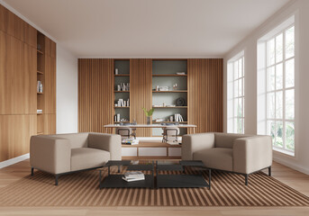 Poster - Modern living room with minimalist furniture and wooden wall panels. 3D Rendering