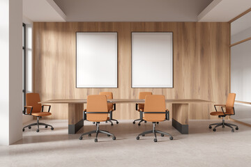 Wall Mural - Empty office meeting room with blank posters on wooden wall. 3D Rendering