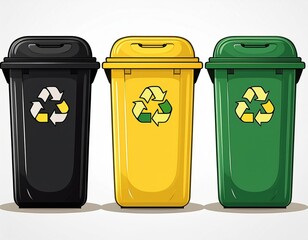 Collection of three recycling bins in different colors (black, green and yellow)