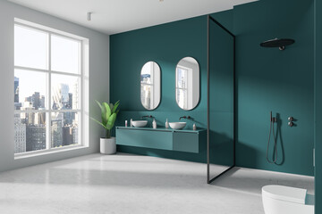 Wall Mural - Colored home bathroom interior with double sink, toilet and shower