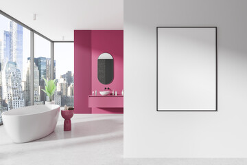 Wall Mural - Modern bathroom interior with blank picture frame on white wall. 3D Rendering