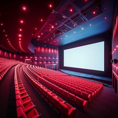 Empty cinema movie theater with blank screen and red seats.