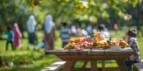 islamic community picnic, muslim gathering wearing traditional clothing, delicious food and fruits on wooden park tables,