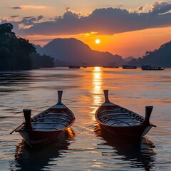 Poster - Serene Sunset Over the Mekong River with Traditional Longboats Drifting By in Thailand