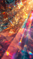 A close-up of the sun shining through a glass prism, the light refracted into a spectrum of colors, casting vibrant rays and patterns of light.