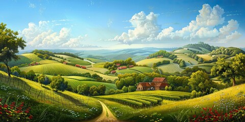 Wall Mural - Panorama of a quaint countryside with rolling hills and farms