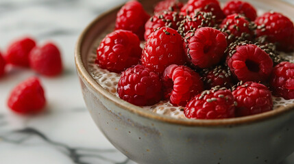 A close-up view of a bowl of chia seed pudding, topped with fresh raspberries and a drizzle of honey, placed on a marble countertop.