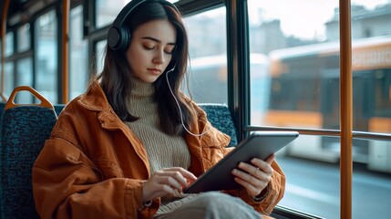 Canvas Print - A woman is sitting on a bus with a tablet in her lap. She is wearing headphones and she is listening to music