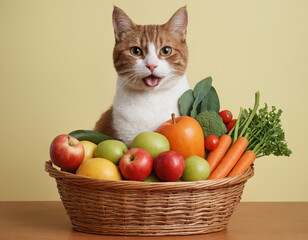 kitten in basket with fruits