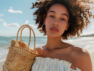 Wall Mural - Stylish beach fashion model carrying straw bag, standing on sandy shore, looking towards ocean waves.