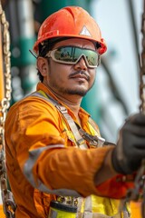 Wall Mural - Portrait of an oil rig worker conducting a safety check, Generative AI 