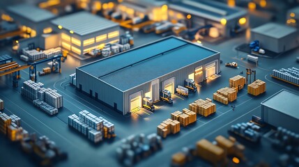 Poster - Miniature Model of a Warehouse with Cargo Trucks.