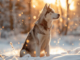 Wall Mural - Majestic Siberian Husky Sitting Amidst Sparkling Snow During Golden Hour