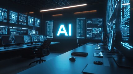 Fototapete - A sleek office space showcases monitors displaying data and graphics related to artificial intelligence, emphasizing innovative technology and futuristic design