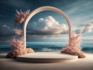 Poster - Natural beauty empty podium backdrop for product display with floral arch