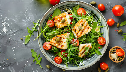 Wall Mural - Fresh salad with grilled cheese, tomatoes, capers, lettuce and arugula