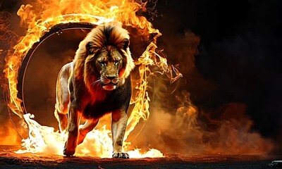 Poster - lion with flame on black background