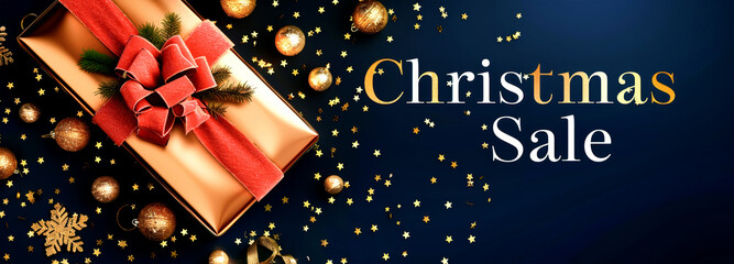 Wall Mural - A gift box with a red bow sits on a dark blue background surrounded by golden confetti. The words Christmas Sale are written in gold and white lettering