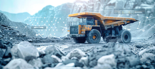 A yellow dump truck in a quarry is enhanced by a digital twin overlay, demonstrating the impact of technology in construction and mining