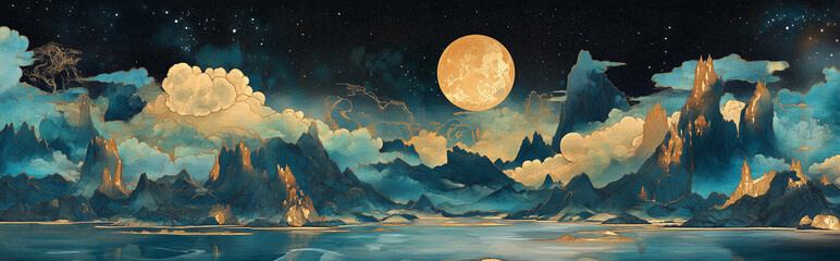 Wall Mural - chinese mountains and waters, with a black background.
