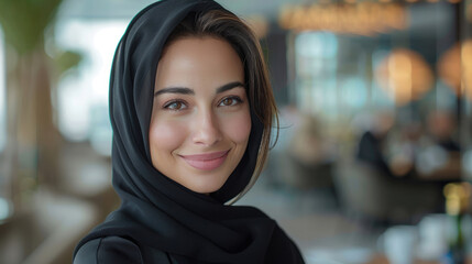 cheerful and smiling emirati woman with brown eyes and beautiful hair wearing black abaya looking forward