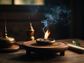 Burning incense on a wooden stand Relaxation