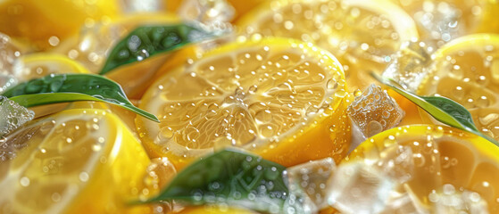 close-up of fresh sliced Lemon fruit with green leaves and ice cubes around it and water droplets dripping on the skin