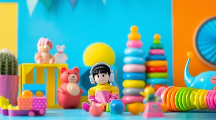 Children of toy accessories isolated on colorful background