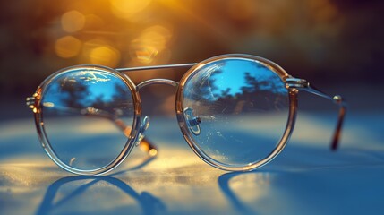 Wall Mural - Stylish Round Glasses Reflecting Sunset Light With a Soft Focus Background