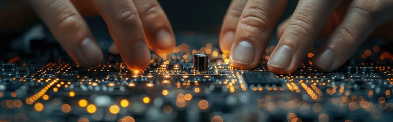 Poster - Close-up of Fingers Interacting with a Glowing Circuit Board