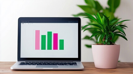 Poster - A modern laptop displaying colorful bar charts next to a vibrant plant, symbolizing productivity and data analysis.