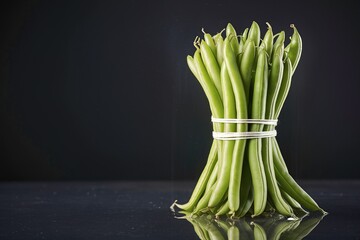 Wall Mural - Bundle of fresh French beans tied with string standing upright over a dark background