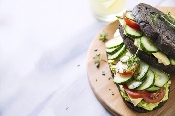 Wall Mural - Fresh toast sandwiches with cucumbers, avocado and tomatoes on oval pieces of dark bread