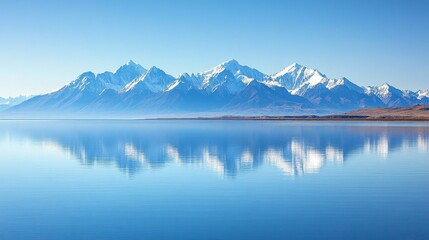 Canvas Print - Serene reflection of snow-capped mountains in blue lake.