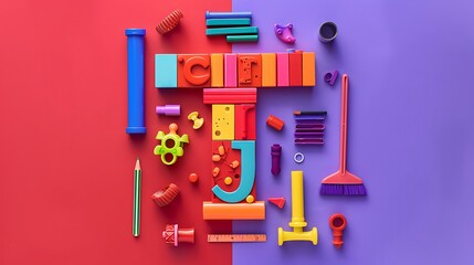 concept letter T made of toys and art supply isolated on red and purple background