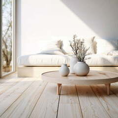 Poster - Minimalist living room with vases standing on a wooden round table
