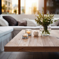 Aufkleber - Living room with a wooden round table with candles and bouquet flowers