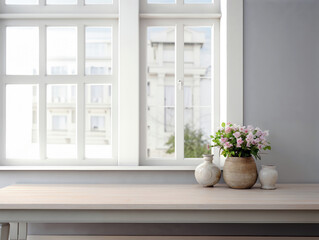 Poster - Empty wooden table with pink flowers and window overlooking city background