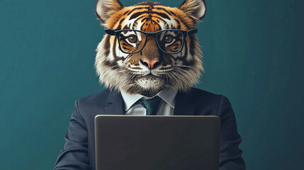 Wall Mural - A tiger is sitting in front of a laptop computer, wearing glasses and typing on the keyboard. Concept of humor and playfulness, as the tiger is not a typical user of technology