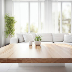 Poster - Modern living room with wooden table, plant, and white sofa with blurred window background
