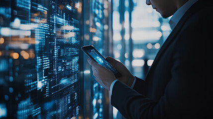 Poster - Cybersecurity and privacy concepts to protect data. Businessman use smartphone with cyber security technology for protecting personal data and secure internet access