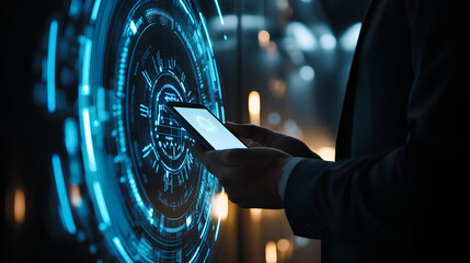 Poster - Cybersecurity and privacy concepts to protect data. Businessman use smartphone with cyber security technology for protecting personal data and secure internet access