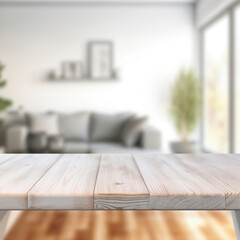 Poster - Empty wooden tabletop with a modern living room blurred sofa and big window background