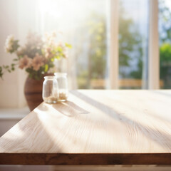 Poster - Empty wooden table with sun shining from window and blurred bouquet of flowers in background
