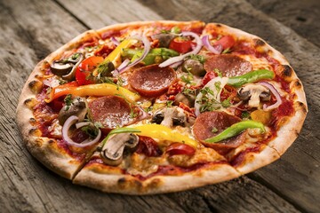 Wall Mural - A pizza with a variety of toppings including pepperoni, mushrooms, onions