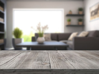 Poster - Empty wooden table top with blurry modern living room for product display your montage