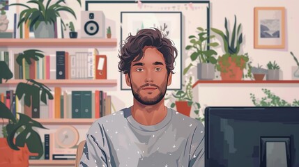 Poster - a young man sits at his desk surrounded by plants and books at home