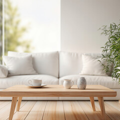 Poster - Wooden table with living room with white sofa and big windows background
