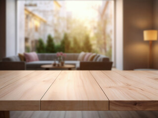 Poster - Empty wooden table top with cozy living room background for product placement